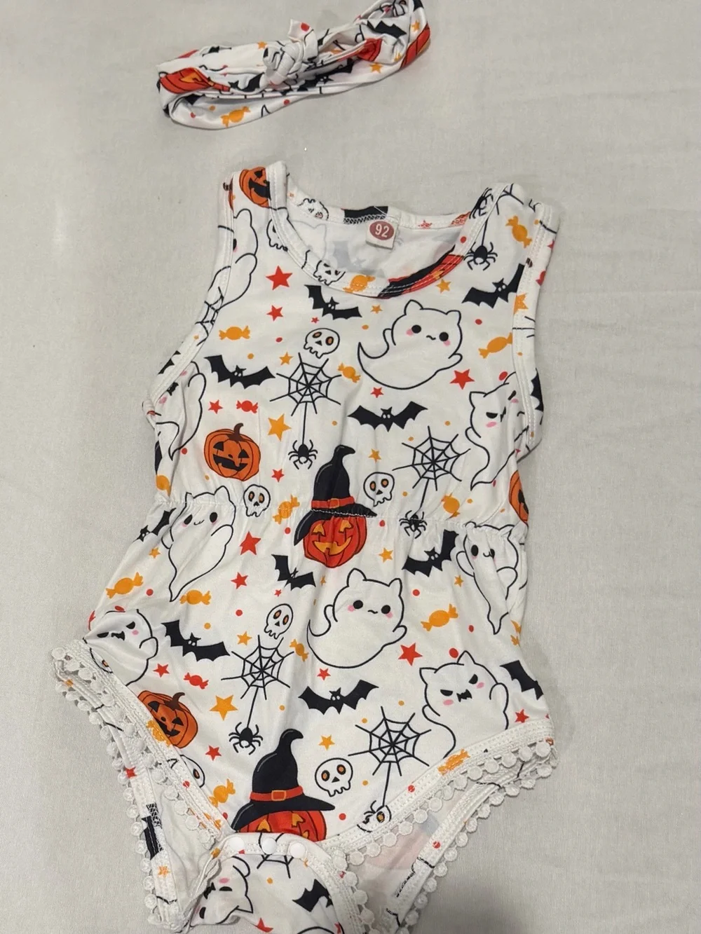 Cute Halloween Ghost Romper with head band for Kids - White with Orange & Black